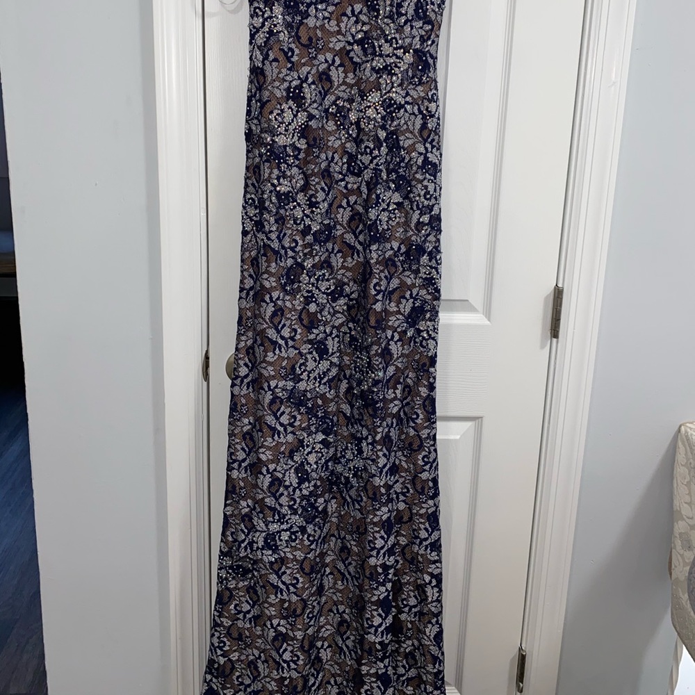 Jovani lace navy blue and silver low back gown